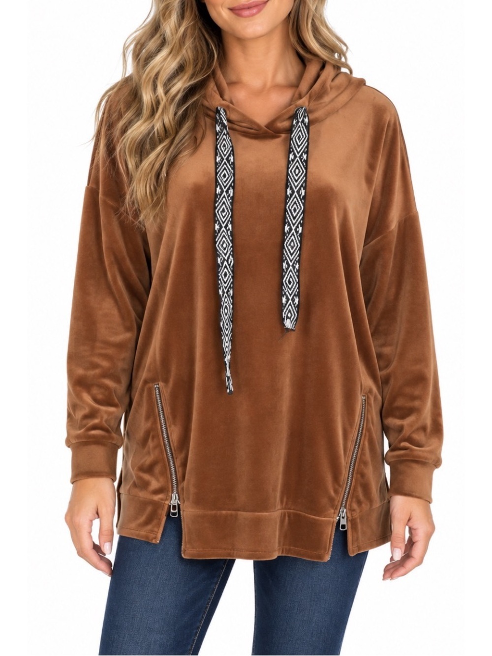 Vision Caramel Brown Velour Hoodie Tunic with Aztec Print Drawstrings- Large